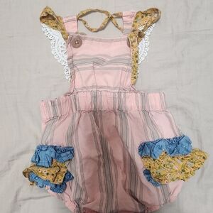 Rachel Riley Pink Striped Overalls with Blue and Yellow Details